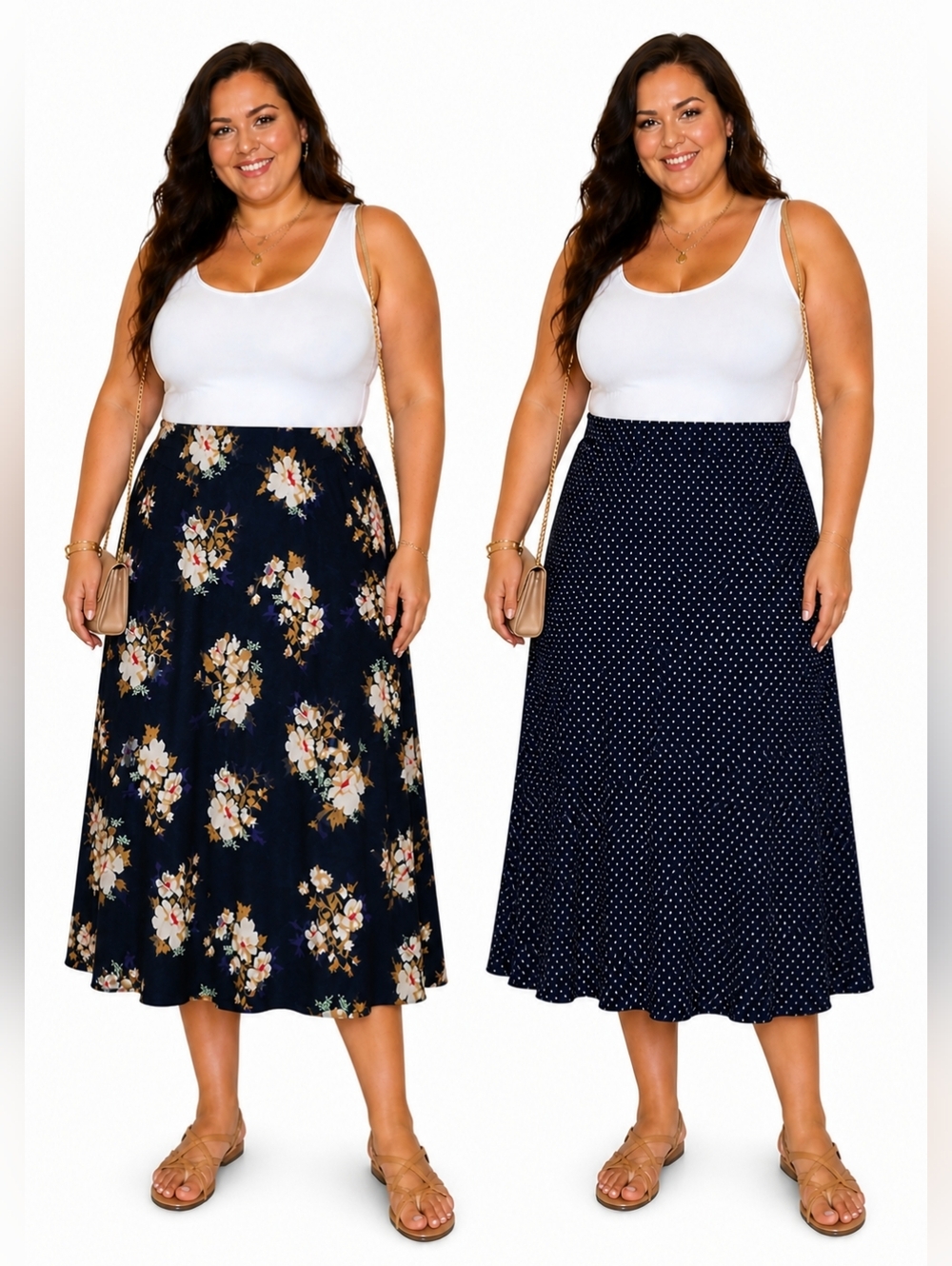 Reversible Polka Dot Floral Midi/Maxi Skirt Navy Chiffon‎ Boho Cottagecore 2x/3x